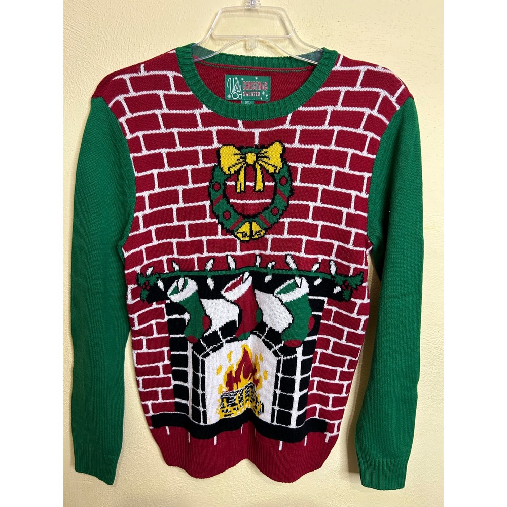 Ugly Christmas Sweater Fireplace Wreath‎ Bells Holiday Party Medium
